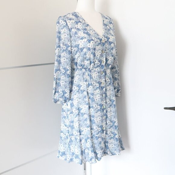 Rails Blue Floral Button Front V-neck Ruffle Hem Mini Dress Size XS - Picture 5 of 11
